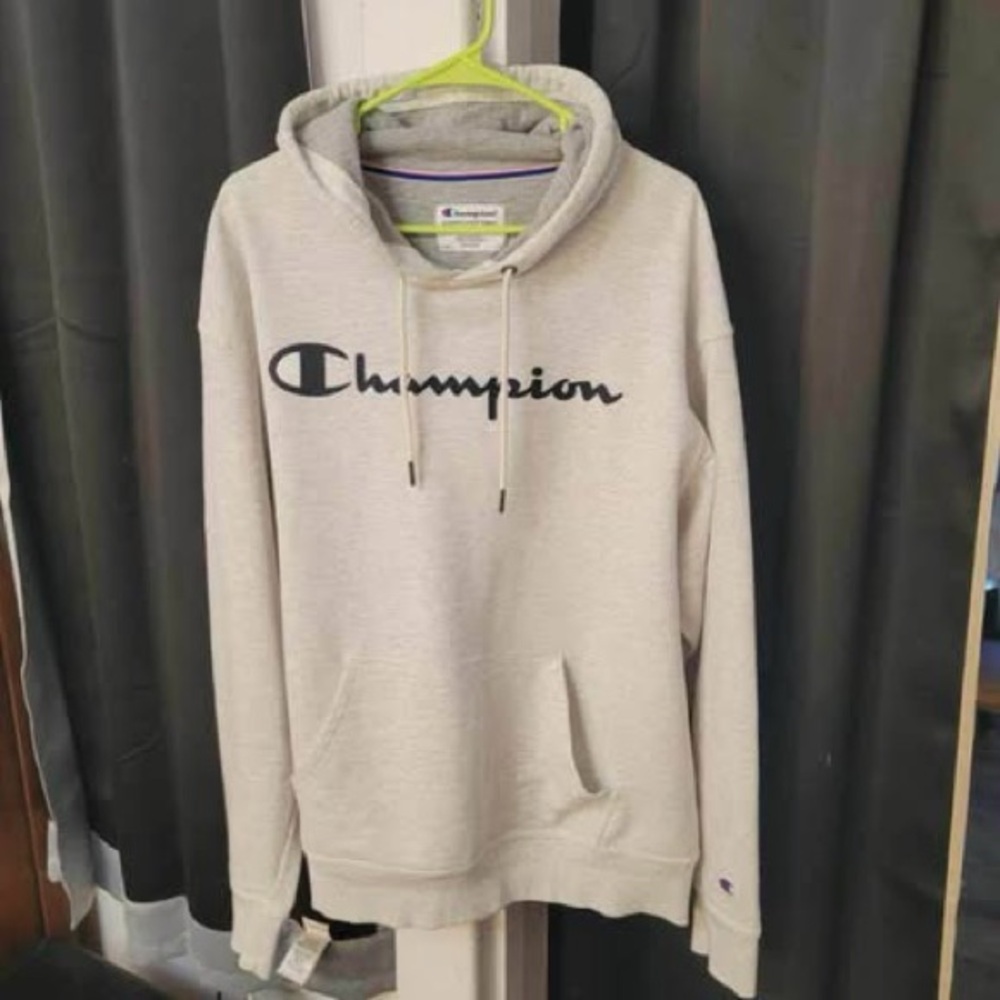 Champion Men's Cream Crewneck Hoodie with Navy Script Logo